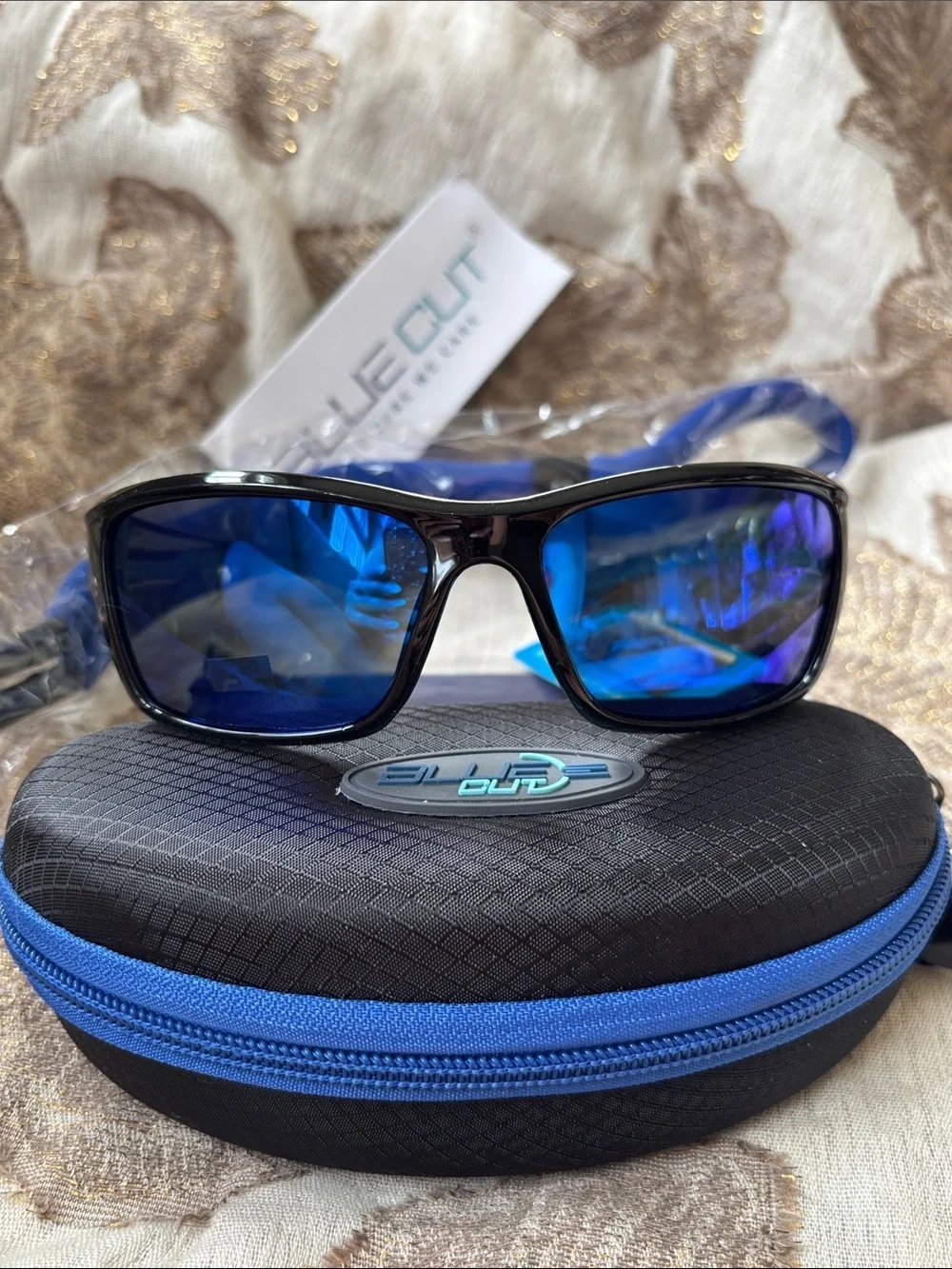 Blue Cut Polarized Blue Mirror Lens Shiny Black Frame Sunglasses Sporty Wrap